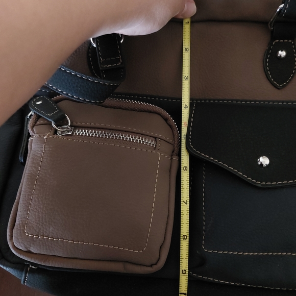 Soft Faux Leather Small Navy Blue Black Tan Colorblock Utility Handbag Purse - Picture 9 of 11